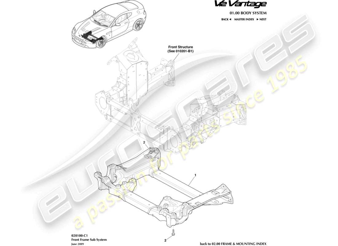 aston martin v12 vantage (2012) teilediagramm des vorderen hilfsrahmens