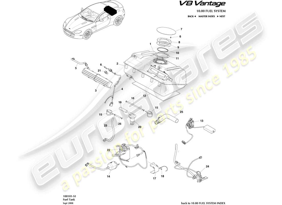 aston martin v8 vantage (2010) kraftstofftankbaugruppe, bis 13my ersatzteildiagramm