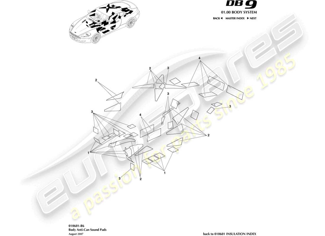aston martin db9 (2008) teilediagramm für anti-can-sound-pads