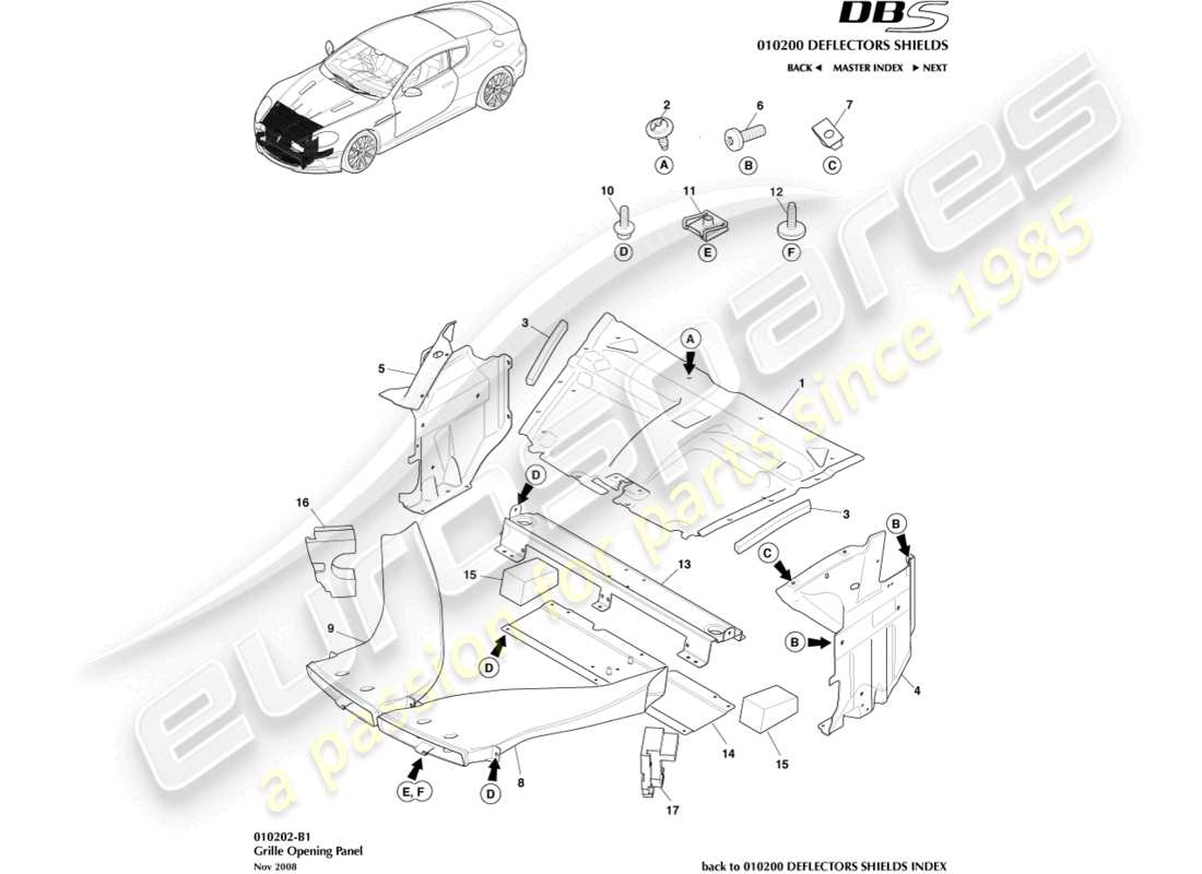 aston martin dbs (2013) teilediagramm für kühlergrillöffnungsplatte