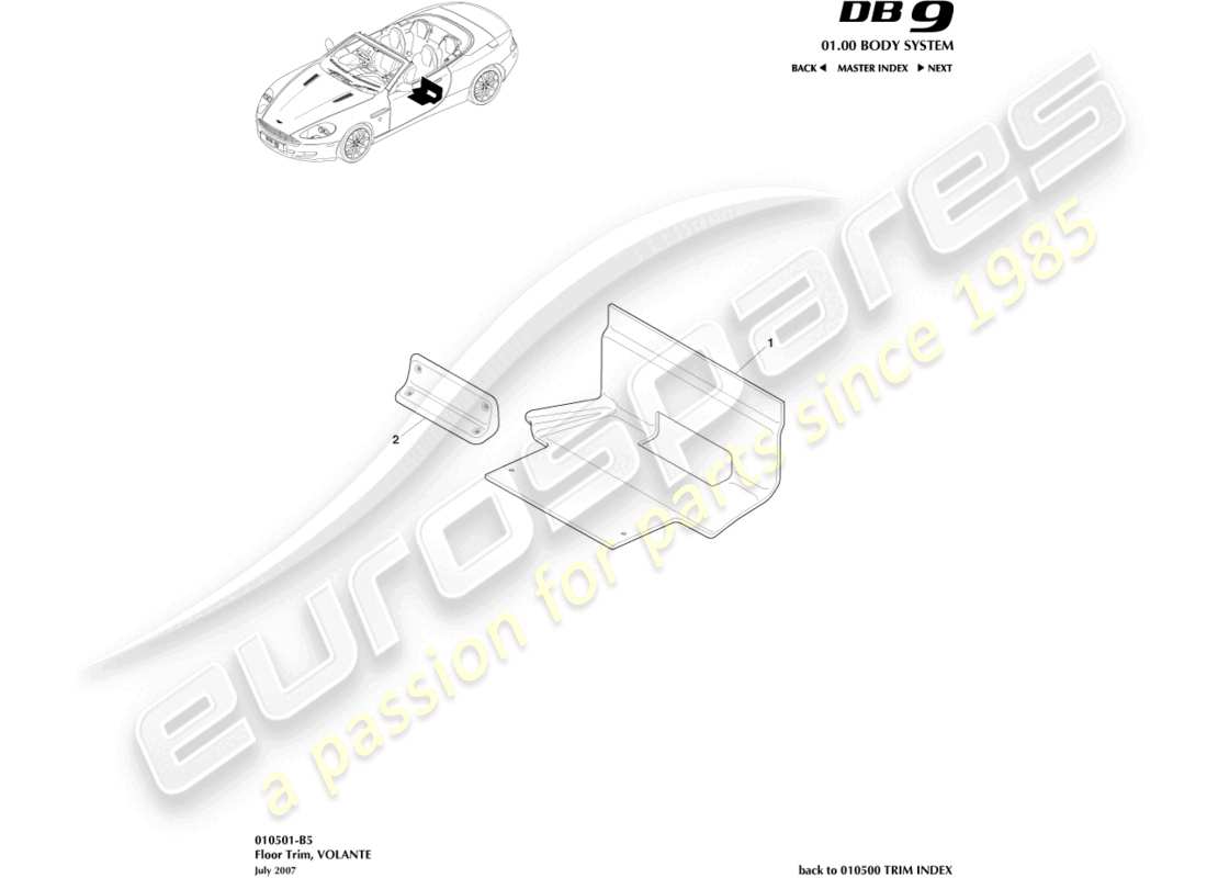 aston martin db9 (2012) bodenverkleidung, volante-ersatzteildiagramm