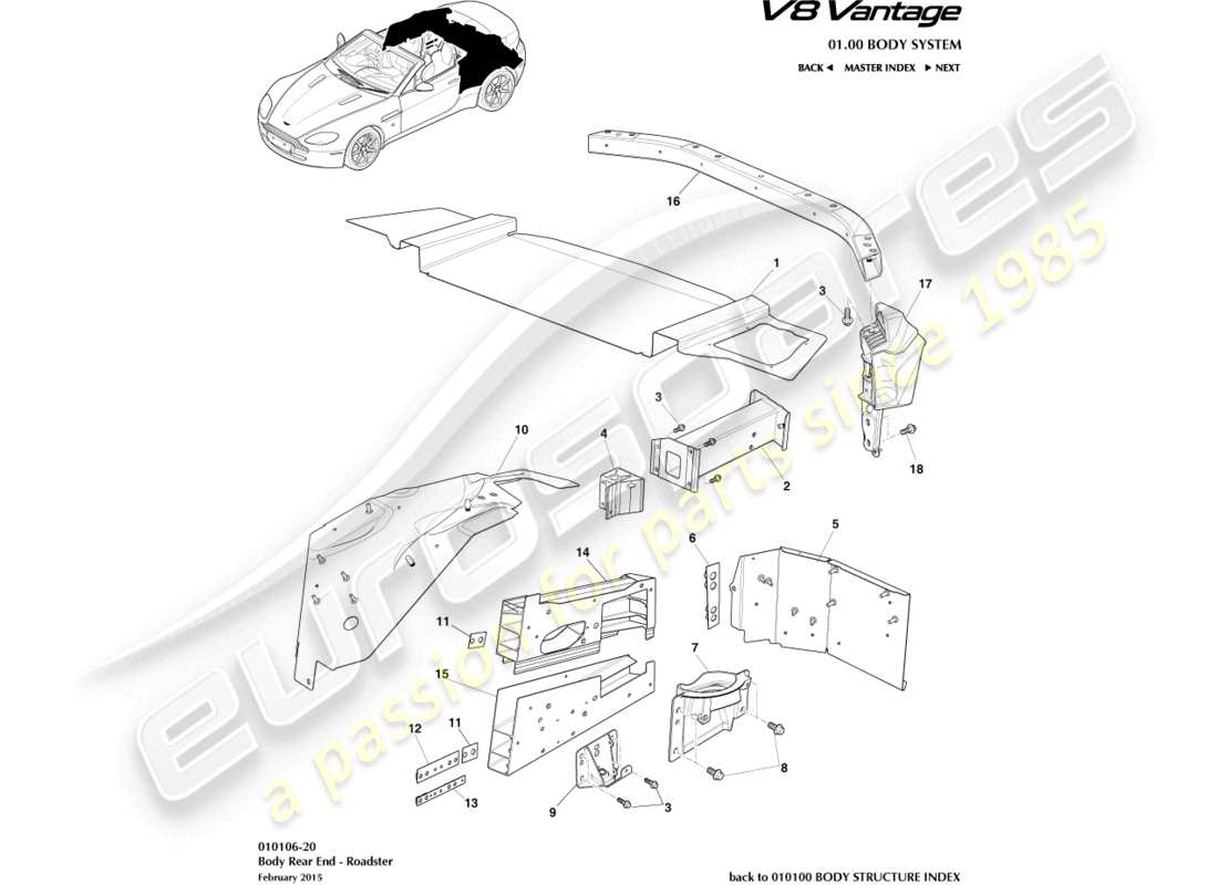 aston martin v8 vantage (2012) karosserieheck, roadster-ersatzteildiagramm