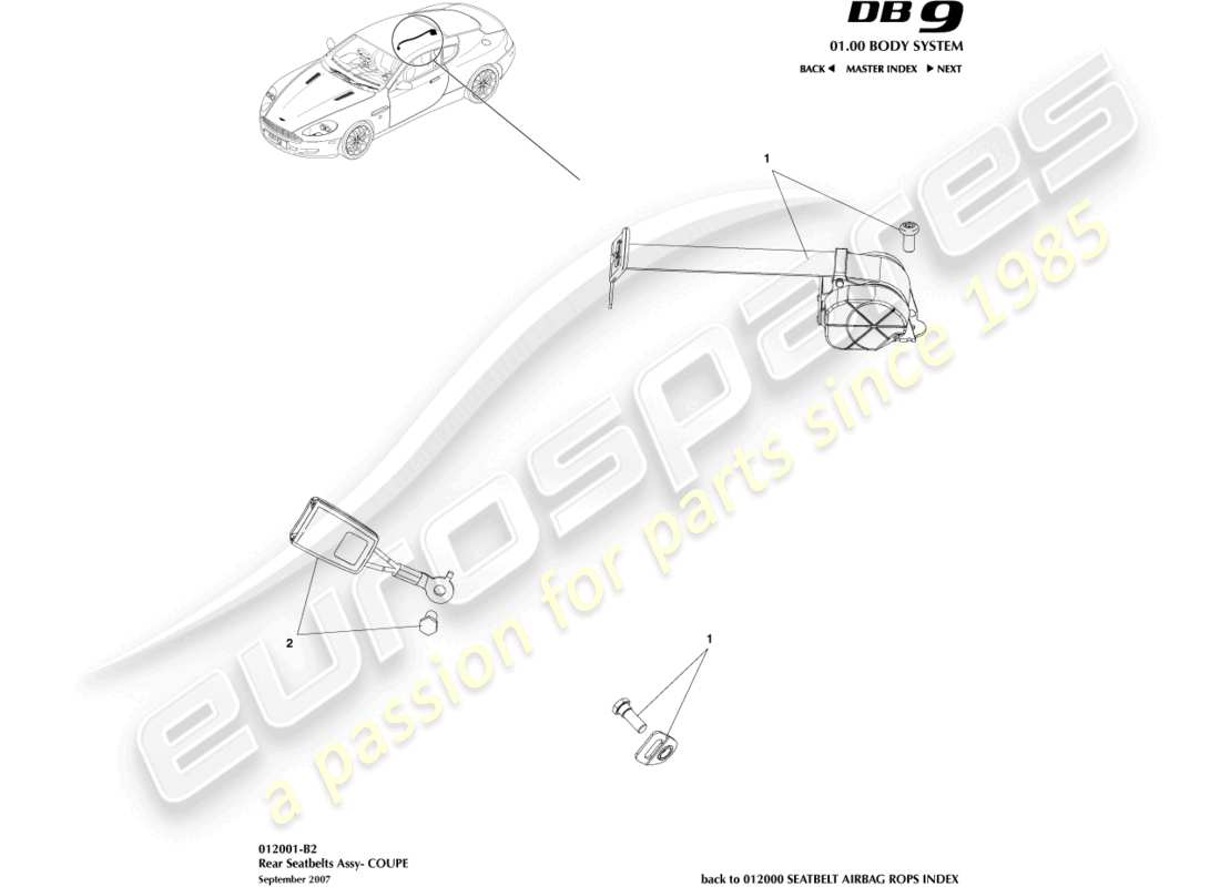 aston martin db9 (2008) sicherheitsgurte hinten, coupé - teilediagramm