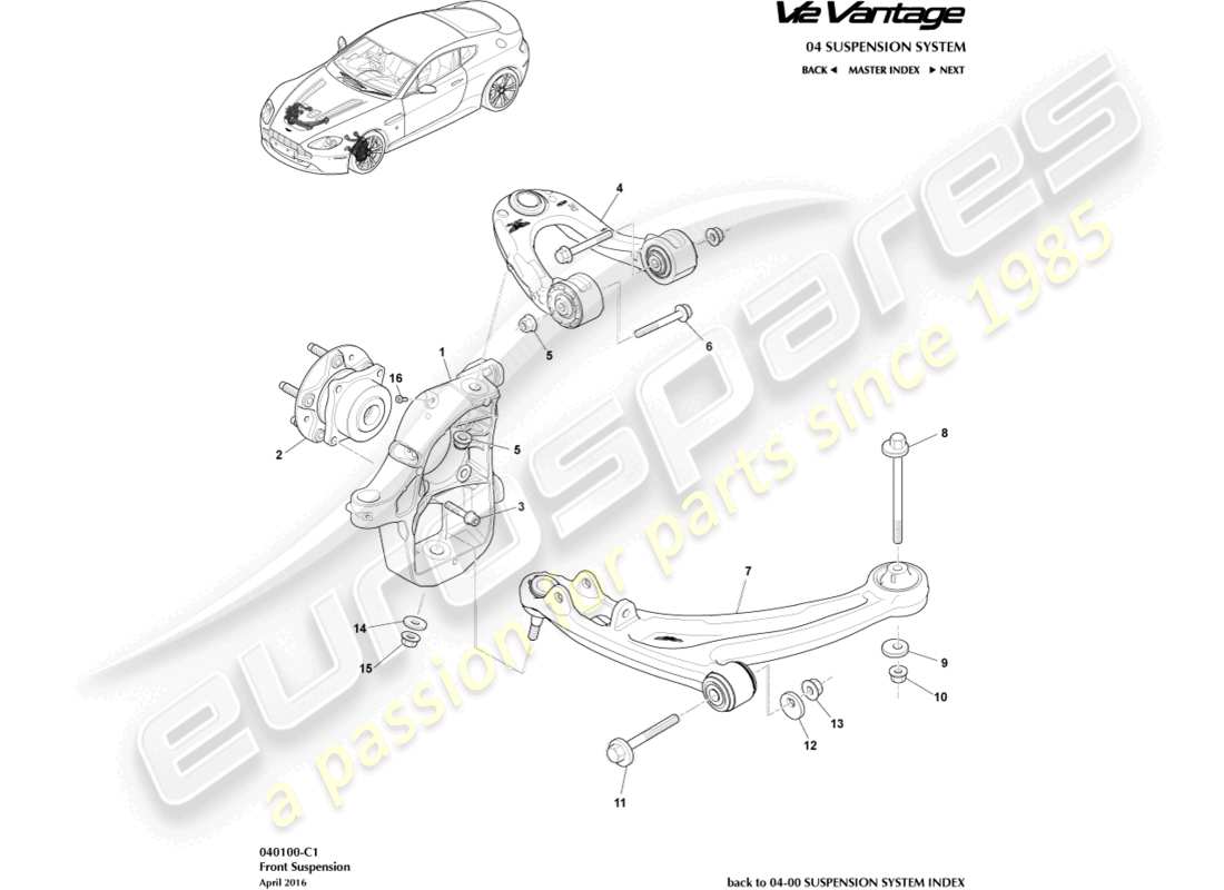 aston martin v12 vantage (2011) teilediagramm der vorderradaufhängung