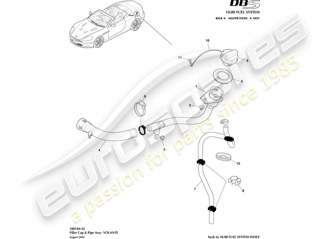 aston martin dbs (2011) tankdeckel und -rohr, volante-ersatzteildiagramm