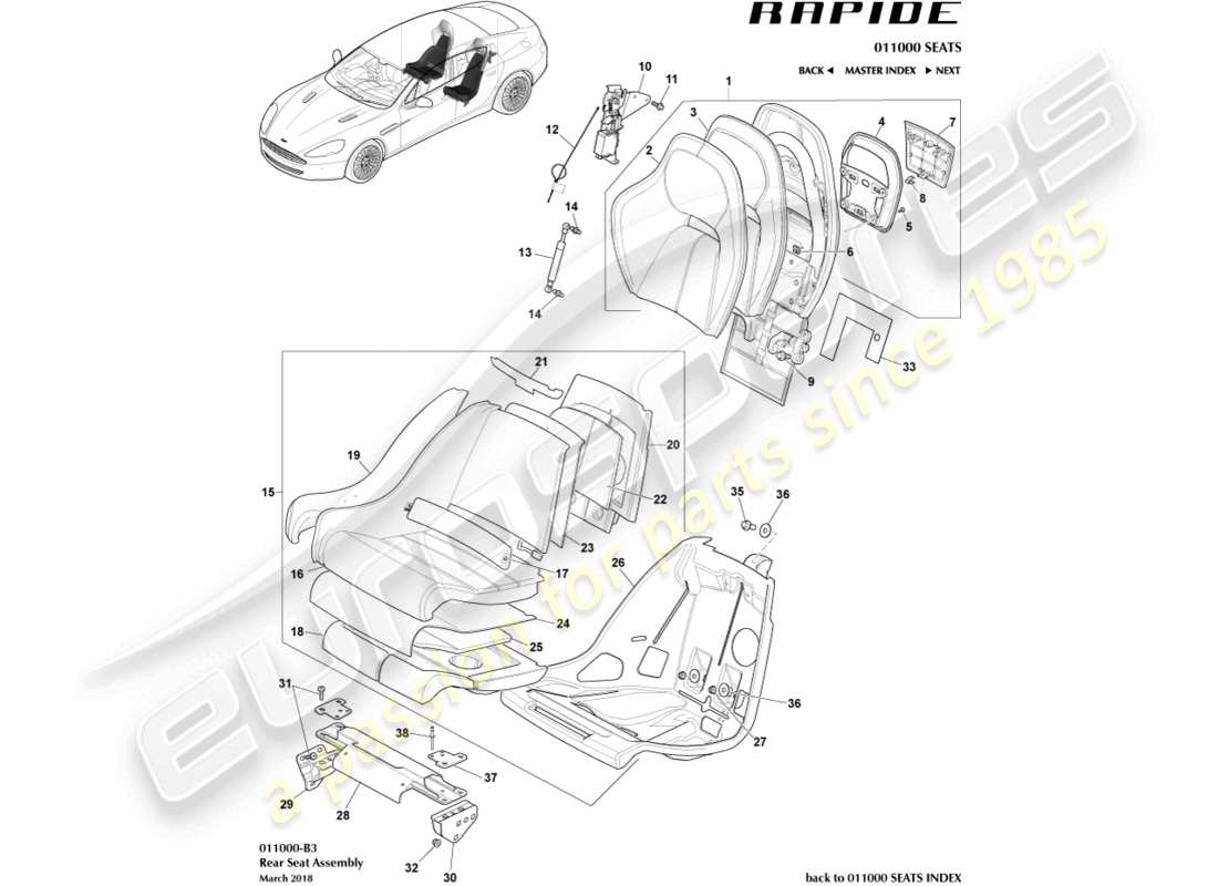 aston martin rapide (2010) rücksitze ersatzteildiagramm