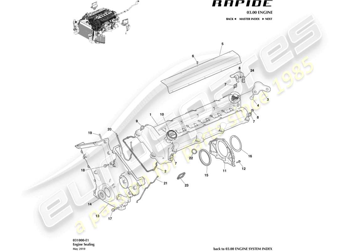 aston martin rapide (2010) teilediagramm für motordichtungen