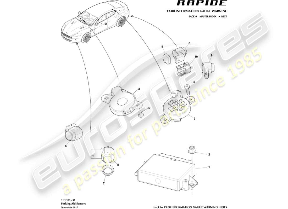 aston martin rapide (2017) teilediagramm für einparkhilfesensoren