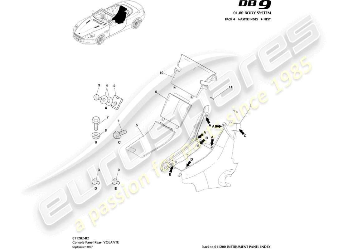 aston martin db9 (2007) heckkonsole, volante-ersatzteildiagramm