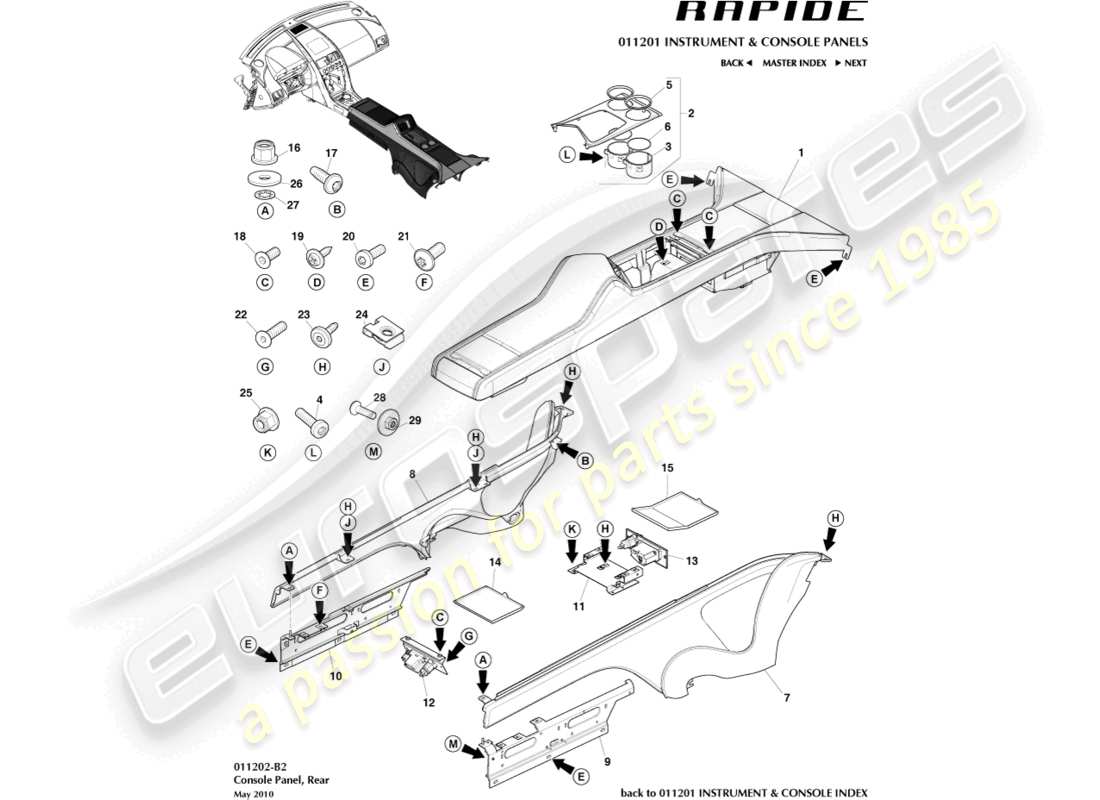 aston martin rapide (2019) teilediagramm der hinteren konsole