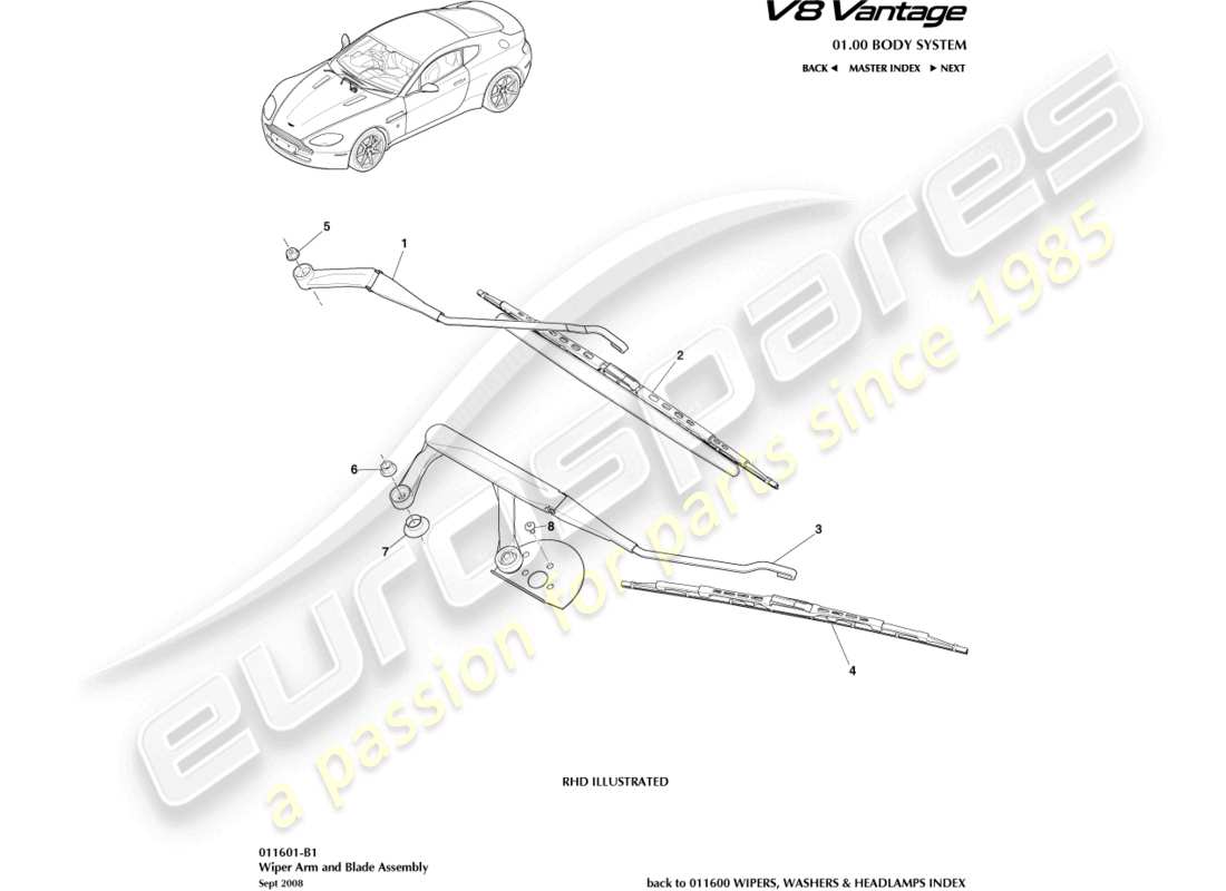 aston martin v8 vantage (2017) teilediagramm der wischerblattbaugruppe