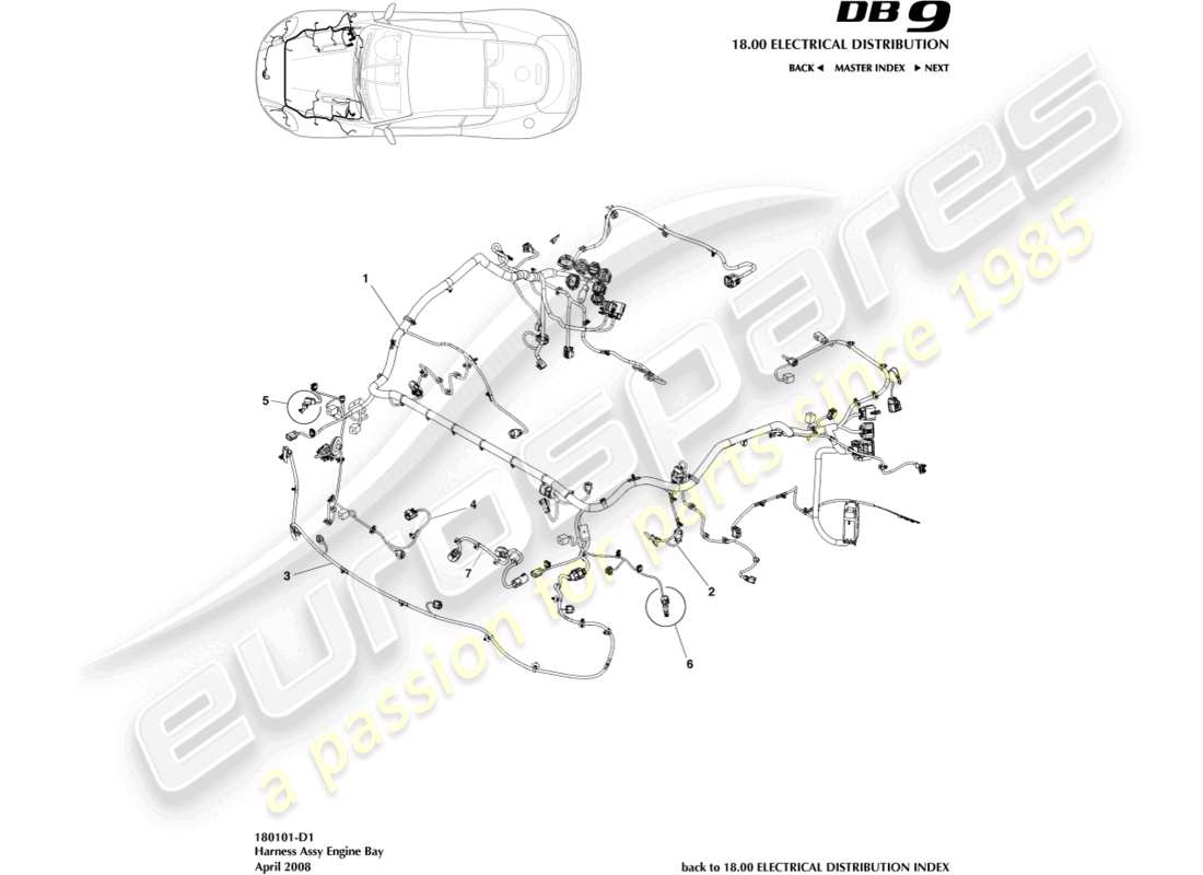 aston martin db9 (2010) teilediagramm für den motorraumkabelbaum