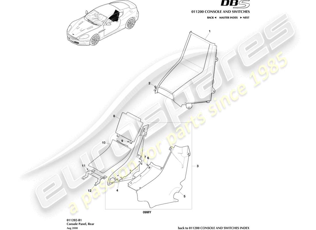 aston martin dbs (2012) heckkonsole, coupé-ersatzteildiagramm