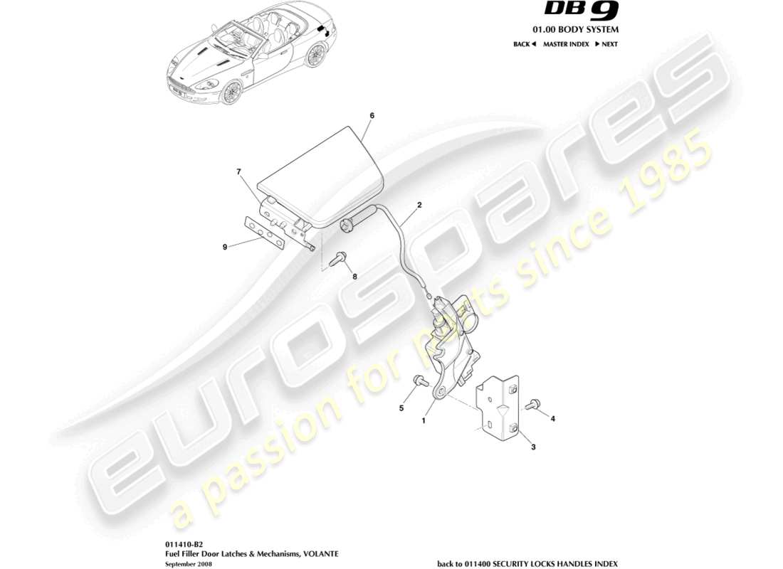 aston martin db9 (2004) kraftstoffeinfüllmechanismus, volante-teilediagramm