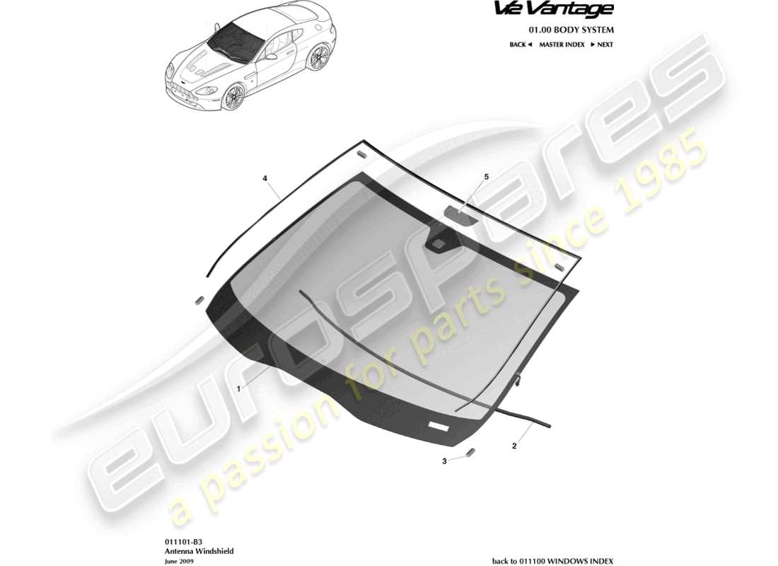 aston martin v12 vantage (2012) windschutzscheiben-teilediagramm