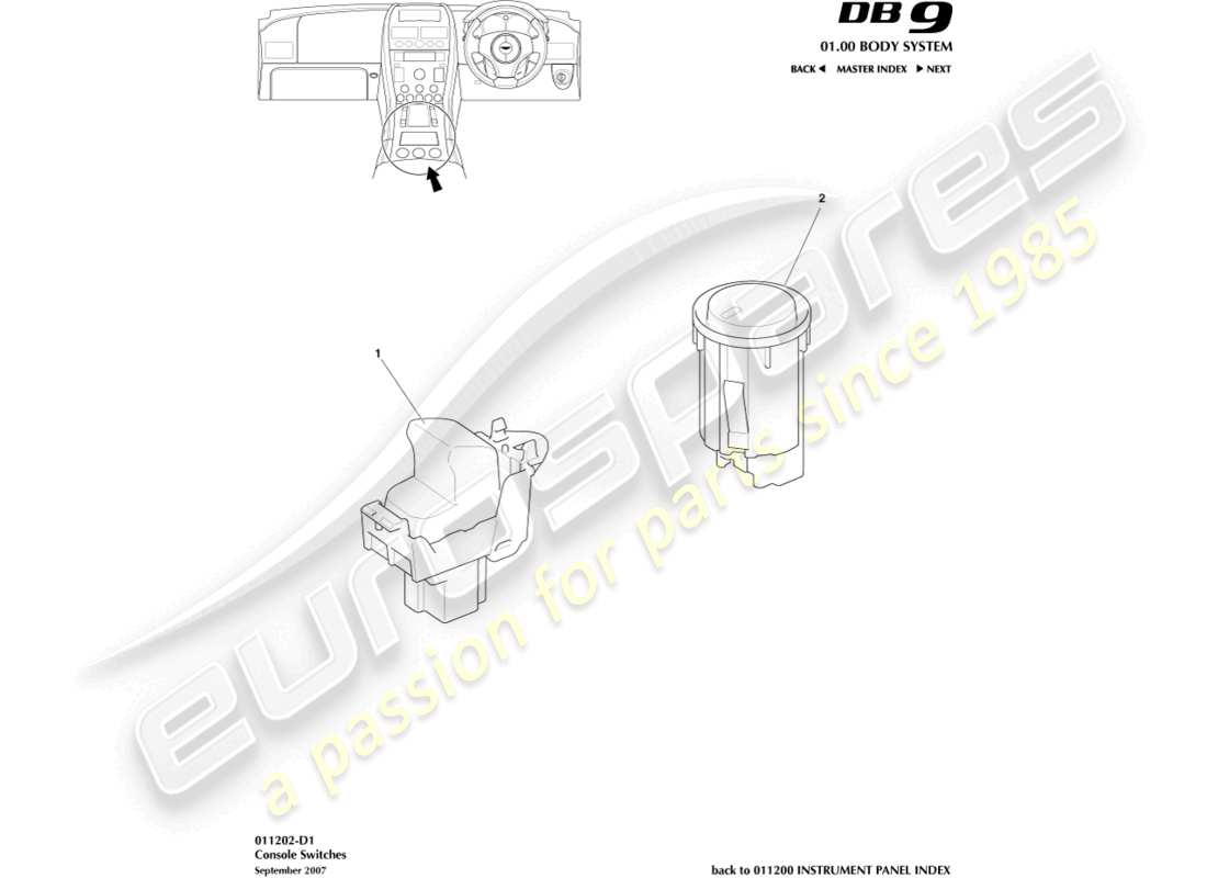 aston martin db9 (2011) konsolenschalter teilediagramm