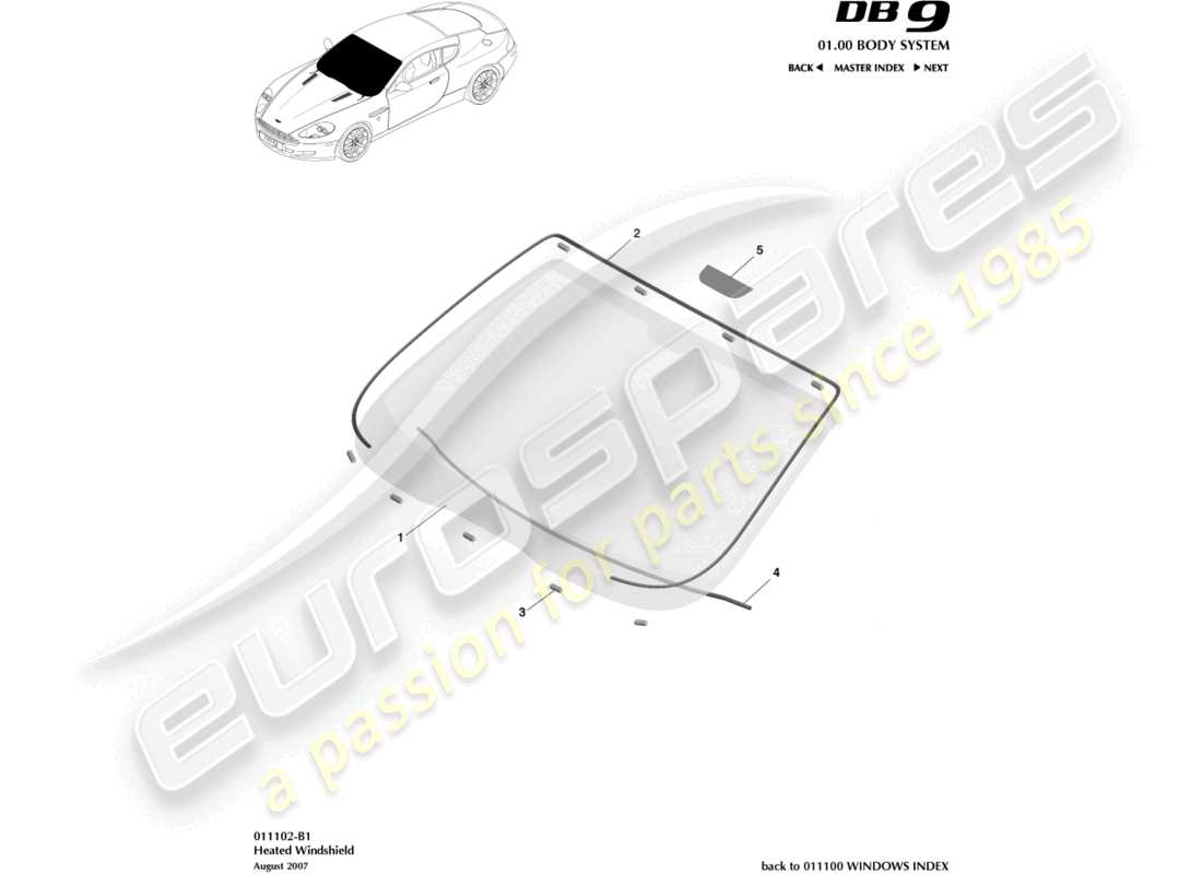 aston martin db9 (2010) windschutzscheibe, beheizt, teilediagramm