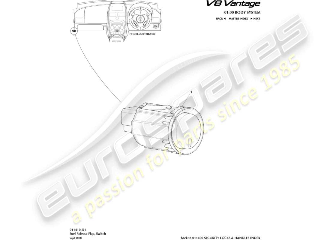 aston martin v8 vantage (2014) teilediagramm des tankentriegelungsschalters