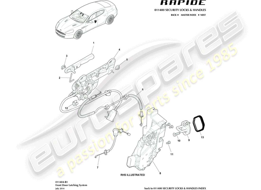 aston martin rapide (2014) teilediagramm für das vordertürschloss
