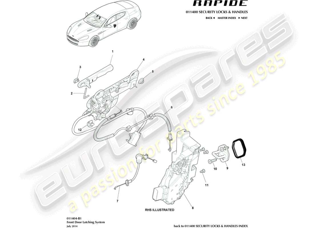 aston martin rapide (2011) teilediagramm für das vordertürschloss