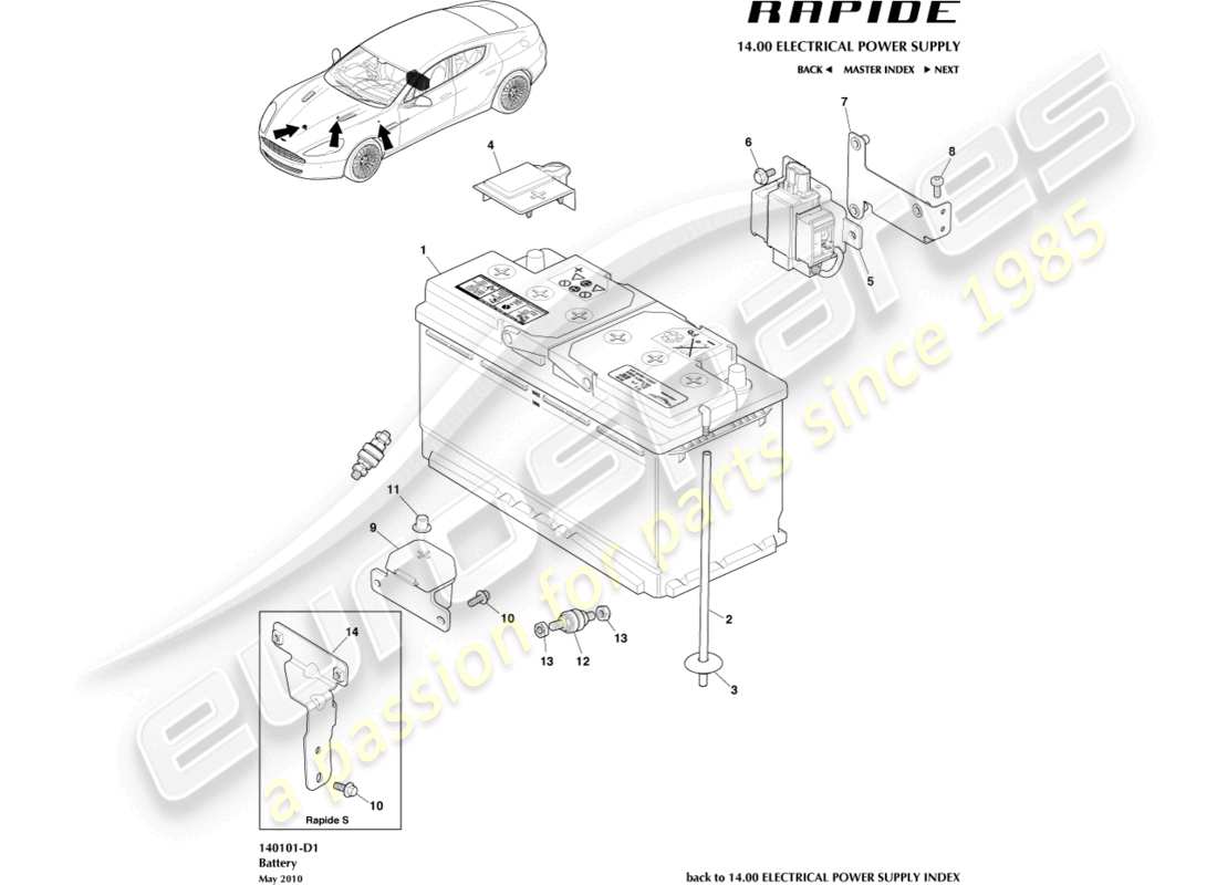 aston martin rapide (2011) batterie teilediagramm