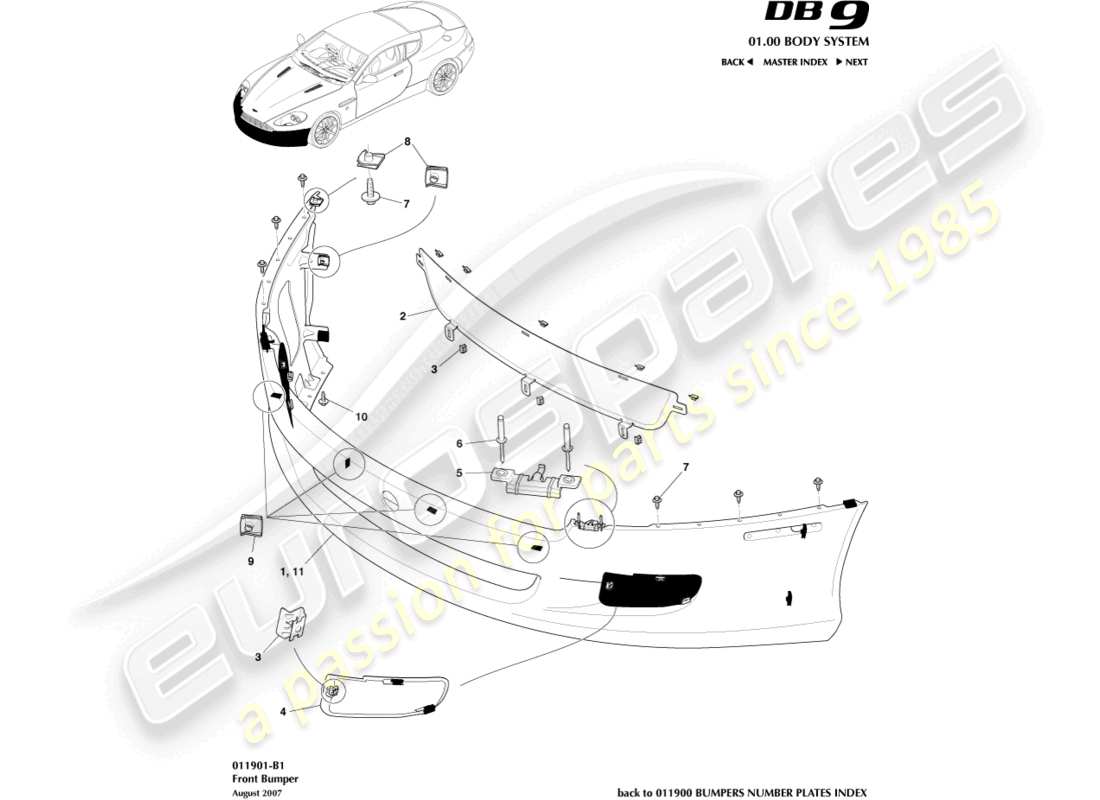 aston martin db9 (2011) frontstoßstange teilediagramm