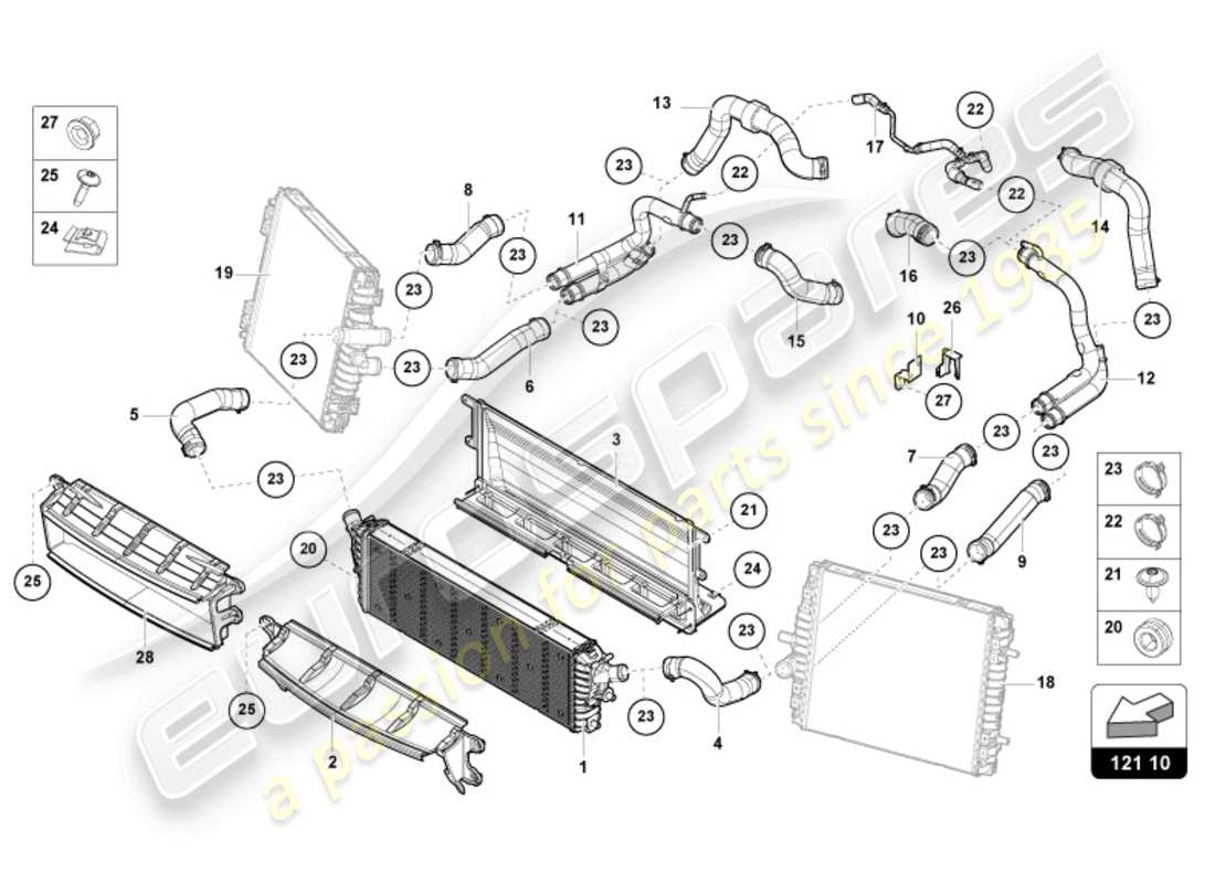 lamborghini 2023 (evo spyder 2wd) kühler für kühlmittel ersatzteildiagramm