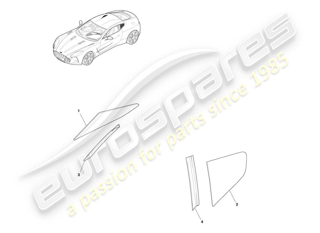 aston martin one-77 (2011) teilediagramm für hintere seitenscheibe