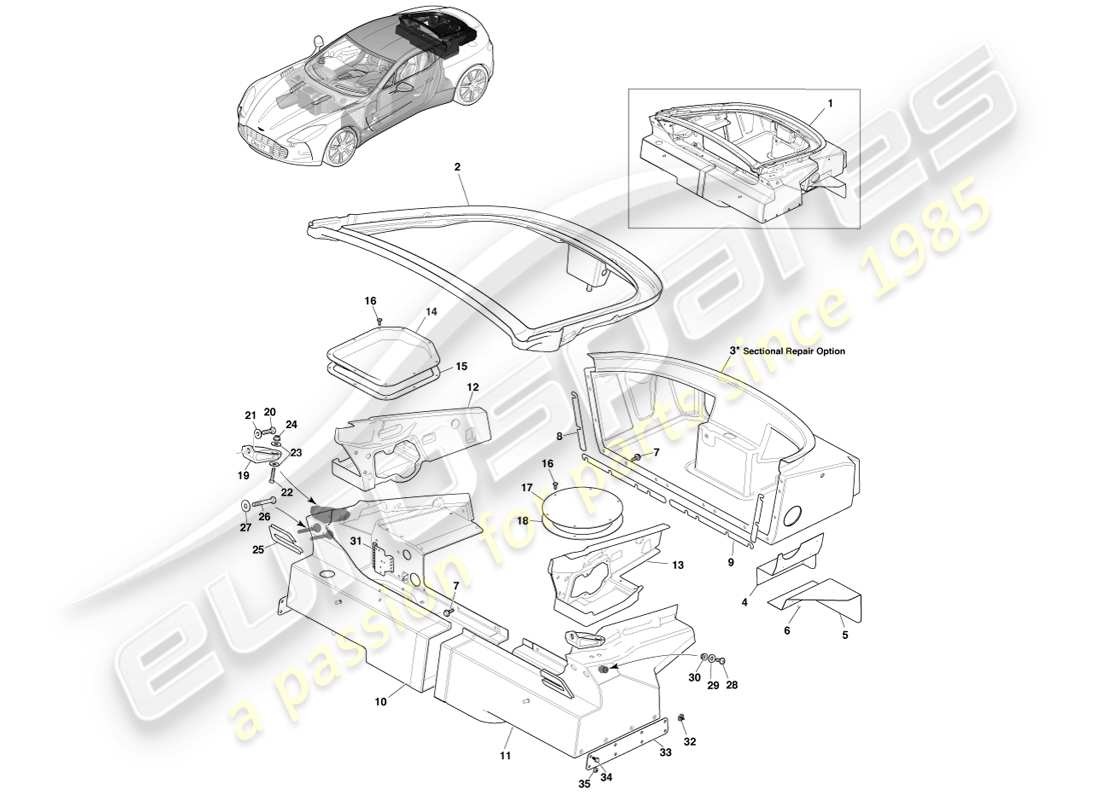aston martin one-77 (2011) teilediagramm für den hinteren kofferraum