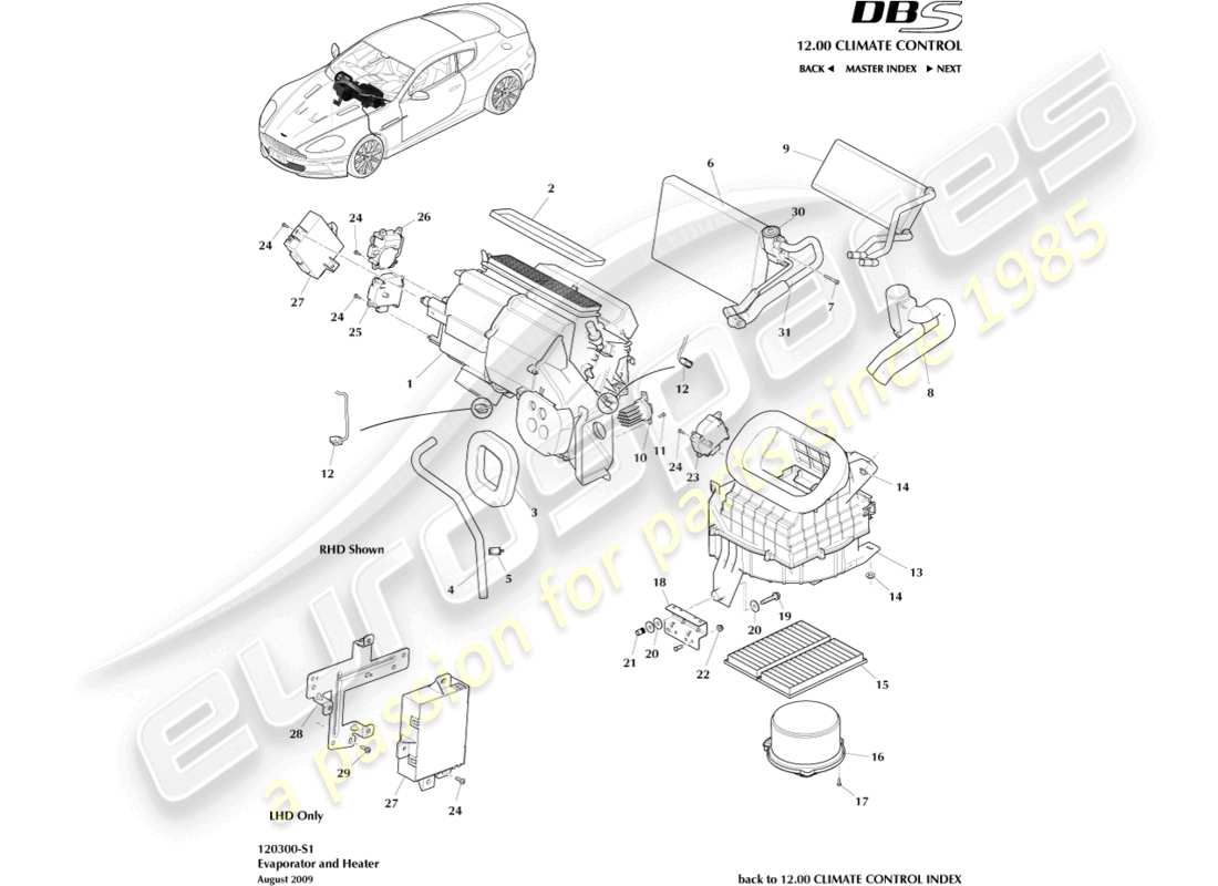aston martin dbs (2008) teilediagramm für verdampfer und heizung