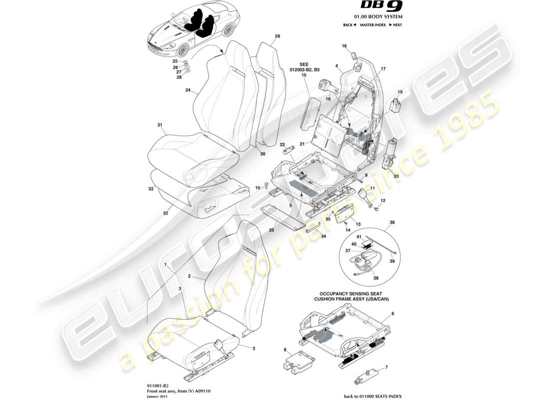 aston martin db9 (2004) vordersitz von (v) a09110 ersatzteildiagramm