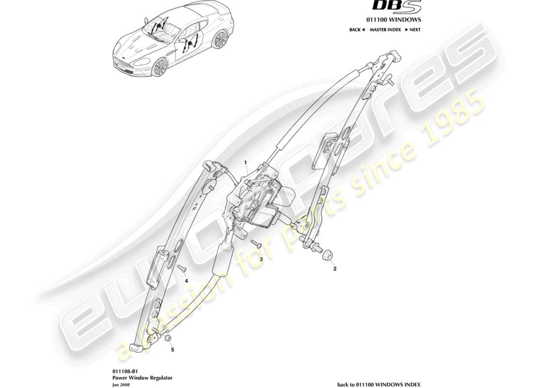 aston martin dbs (2011) teilediagramm für türfensterheber