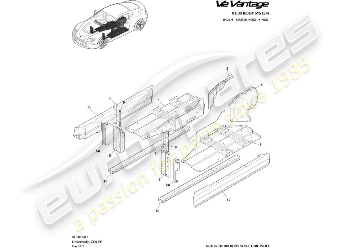 aston martin v12 vantage (2011) unterboden, coupé-teilediagramm
