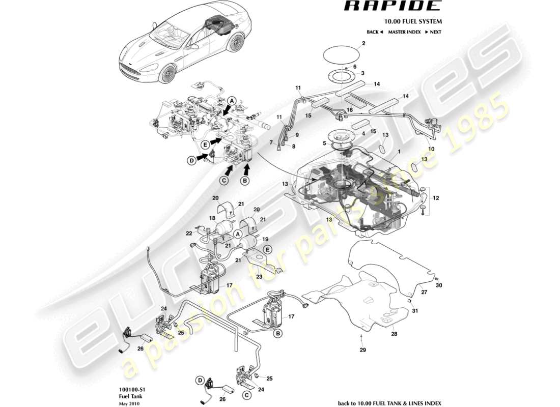 aston martin rapide (2011) teilediagramm der kraftstofftankbaugruppe