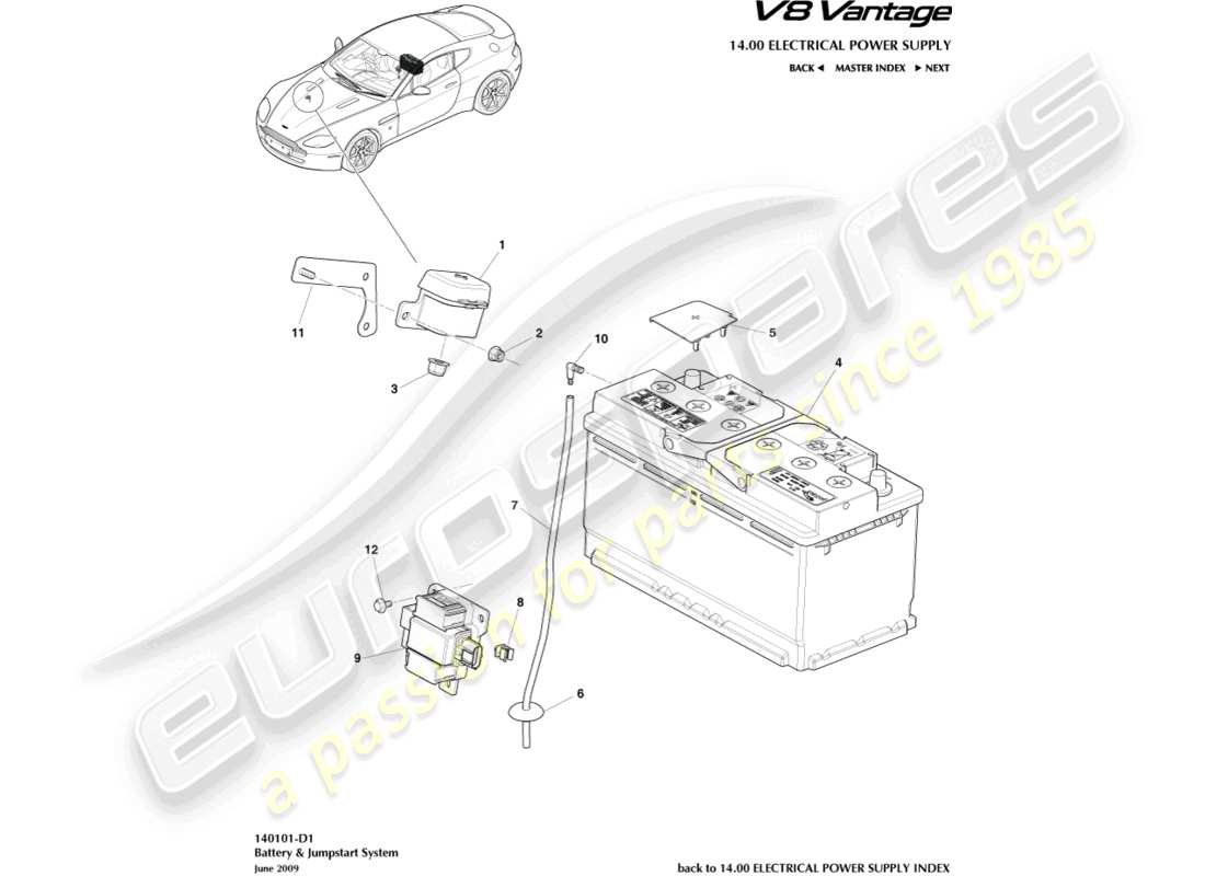 aston martin v8 vantage (2010) batterie teilediagramm