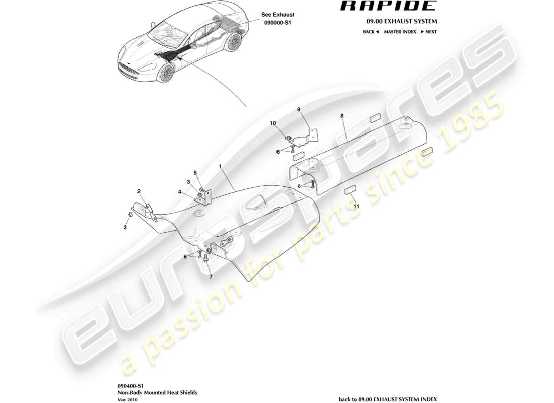 aston martin rapide (2014) hitzeschilde, hinteres teilediagramm