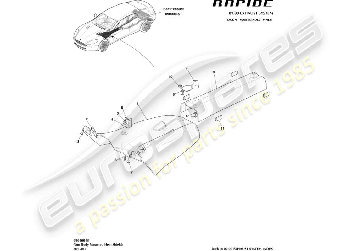 aston martin rapide (2011) hitzeschilde, hinteres teilediagramm