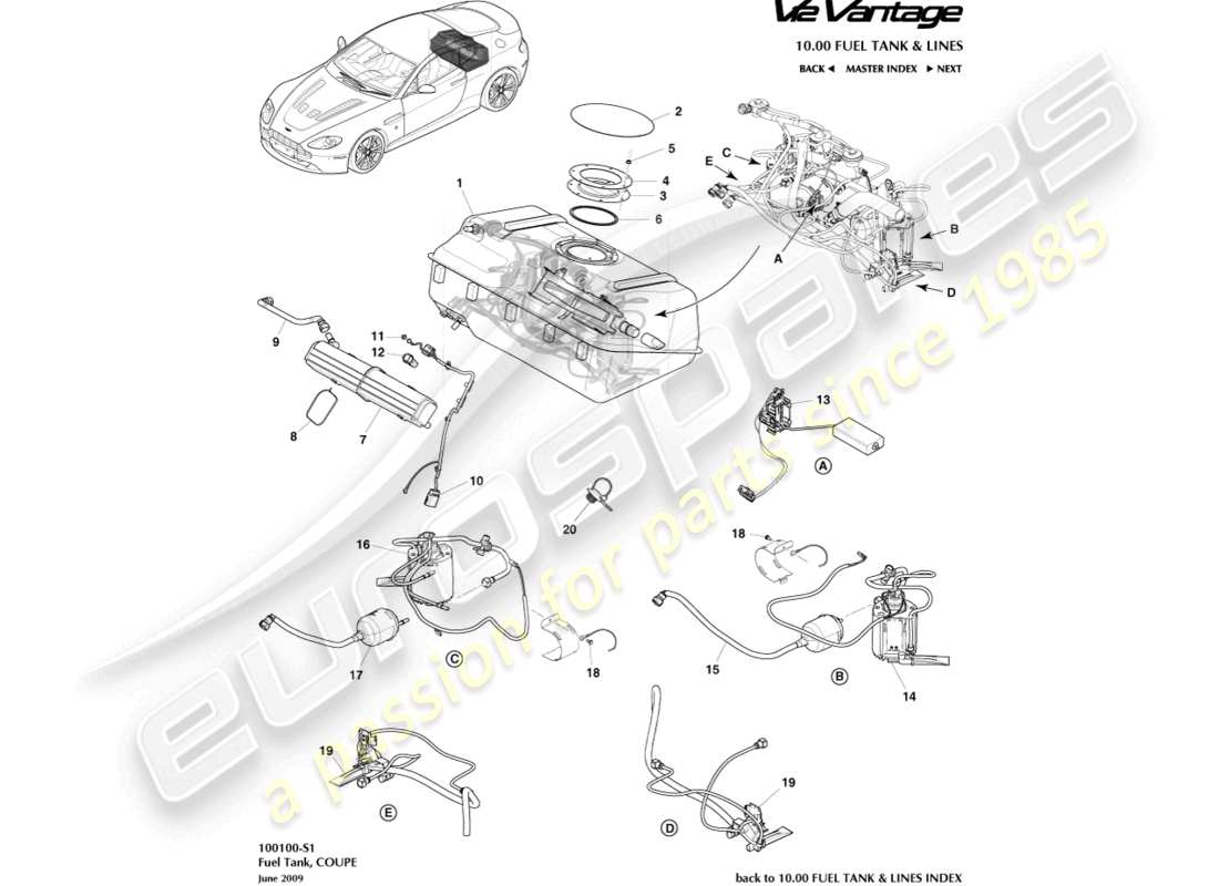 aston martin v12 vantage (2012) kraftstofftankbaugruppe, coupé-teilediagramm