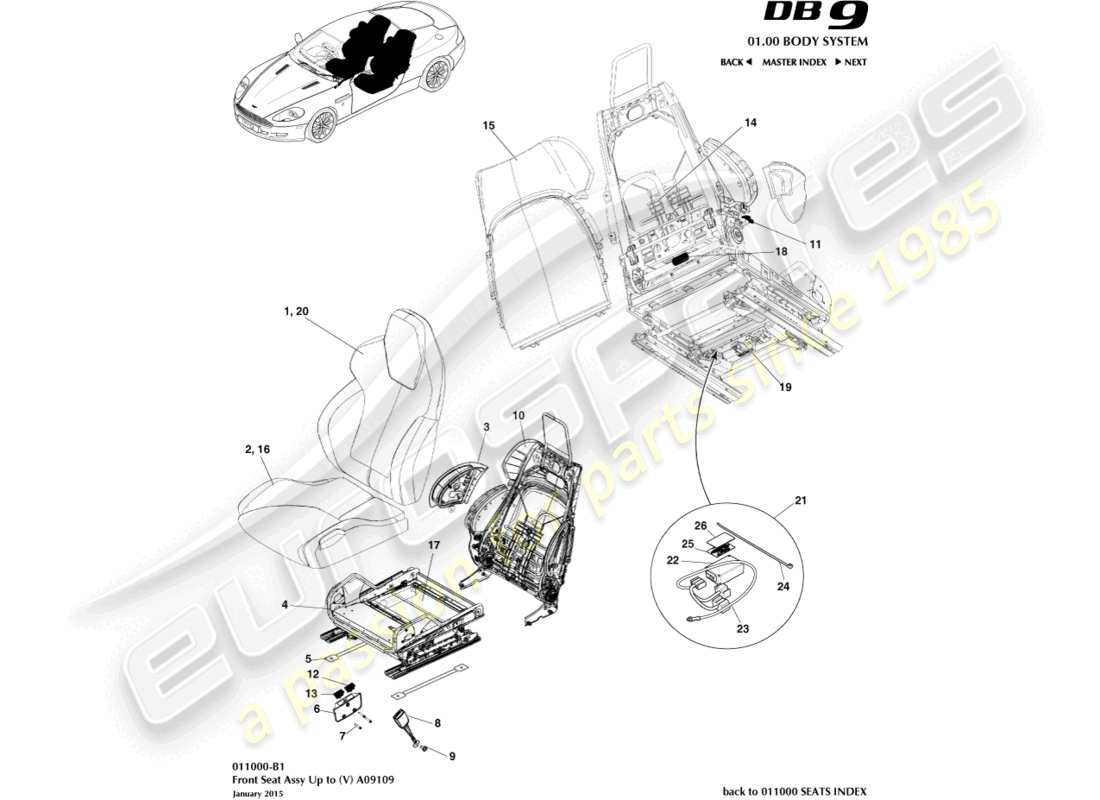 aston martin db9 (2007) vordersitz zu (v) a09109 ersatzteildiagramm