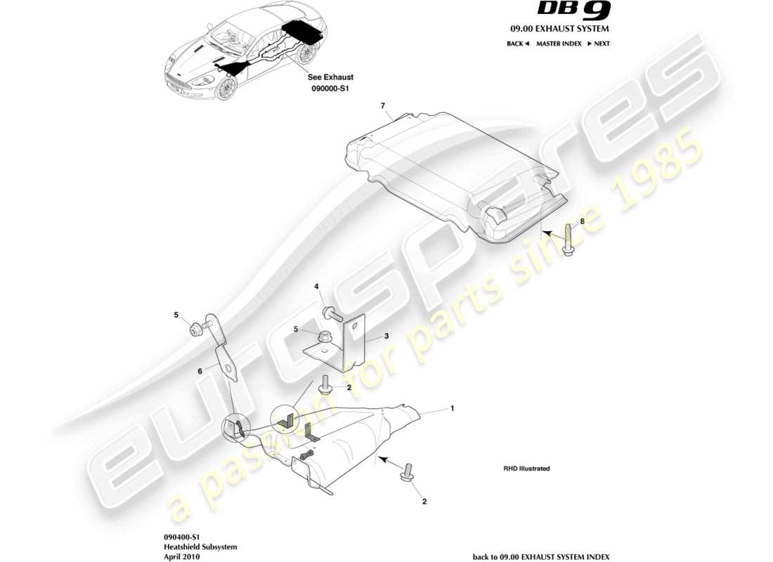 aston martin db9 (2006) teilediagramm des hitzeschild-subsystems