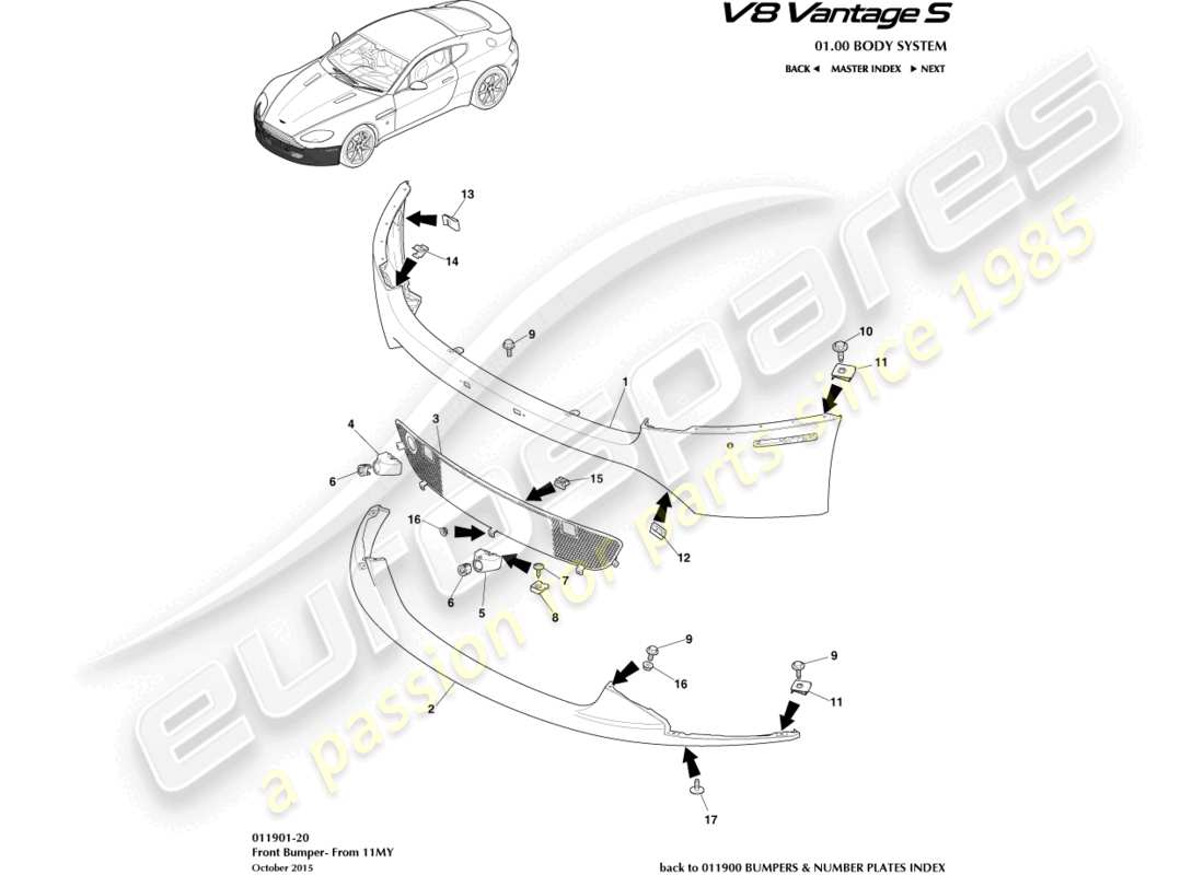 aston martin v8 vantage (2010) vordere stoßstange, 12.25my an & v8s ersatzteildiagramm