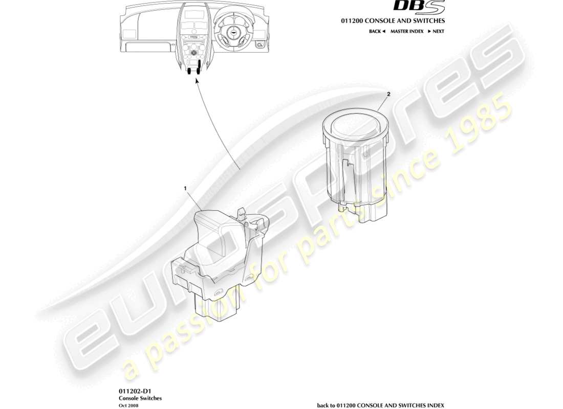 aston martin dbs (2008) teilediagramm für konsolenschalter
