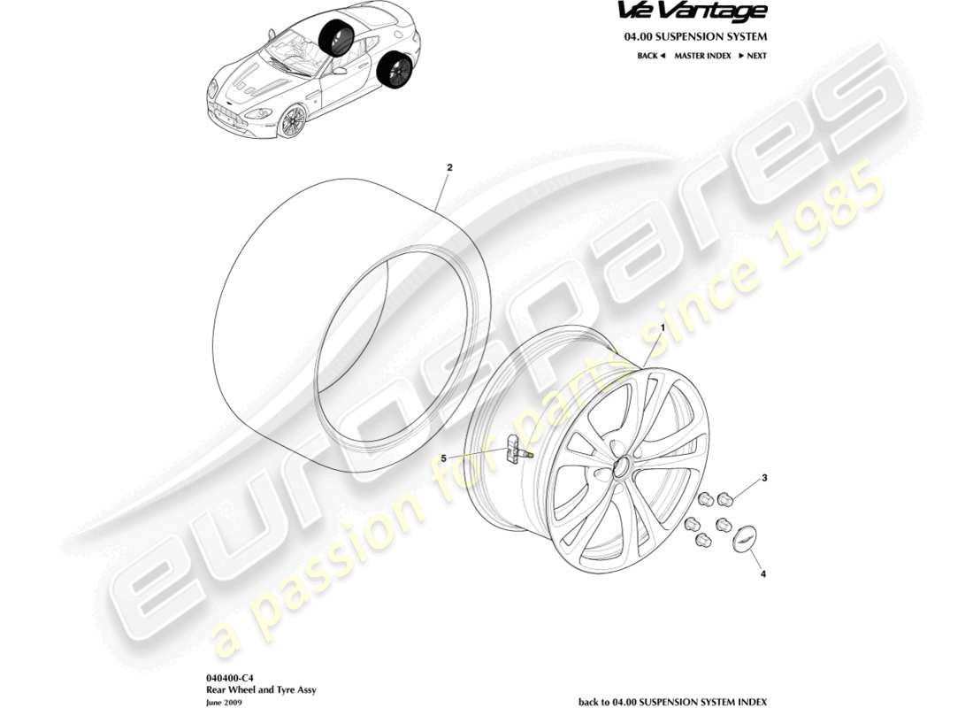 aston martin v12 vantage (2011) teilediagramm für hinterräder und reifen
