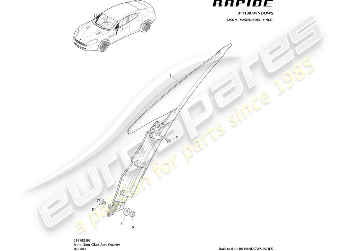 aston martin rapide (2018) teilediagramm für seitenfenster der vordertür