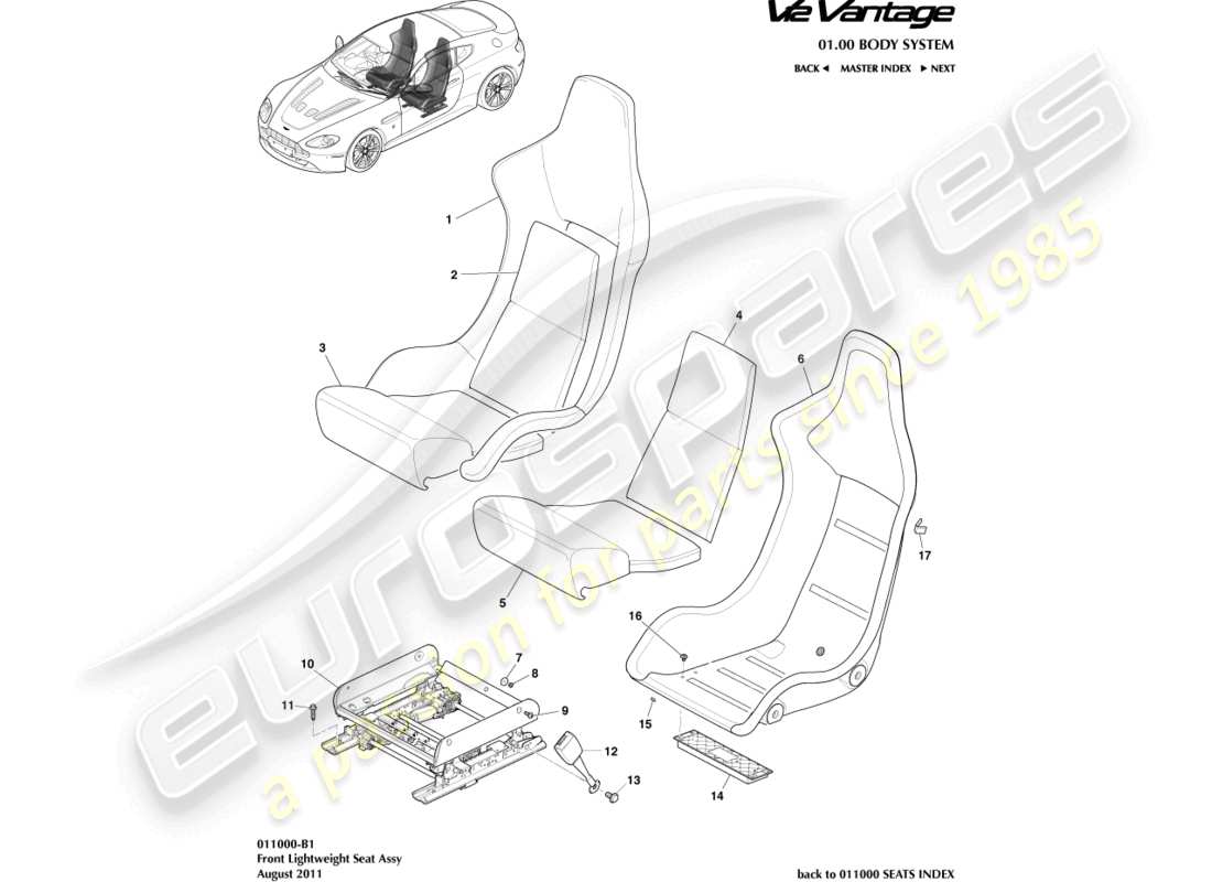 aston martin v12 vantage (2010) teilediagramm für leichten vordersitz