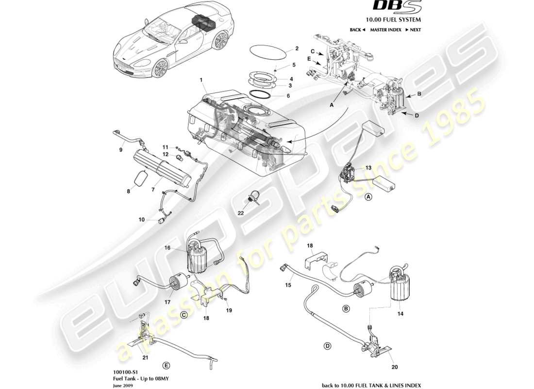 aston martin dbs (2010) kraftstofftankbaugruppe, bis 08my ersatzteildiagramm