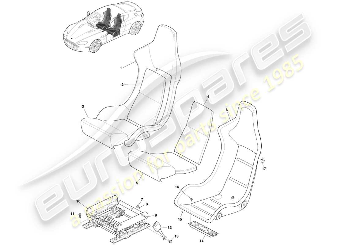 aston martin v8 vantage (2007) teilediagramm für leichten vordersitz