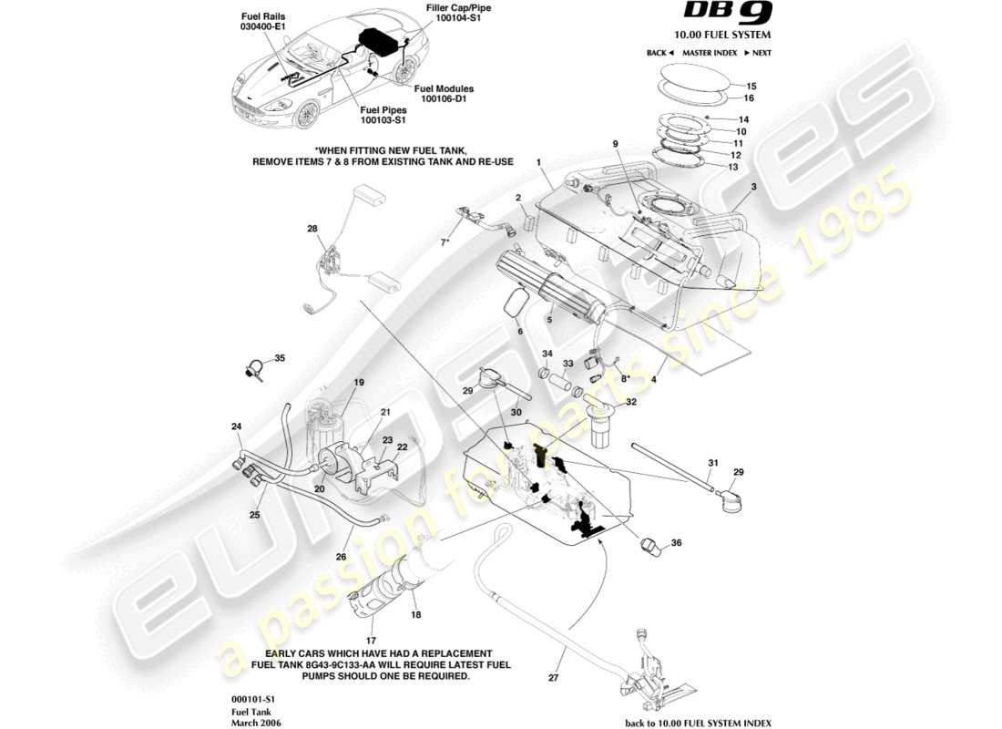 aston martin db9 (2005) teilediagramm der kraftstofftankbaugruppe