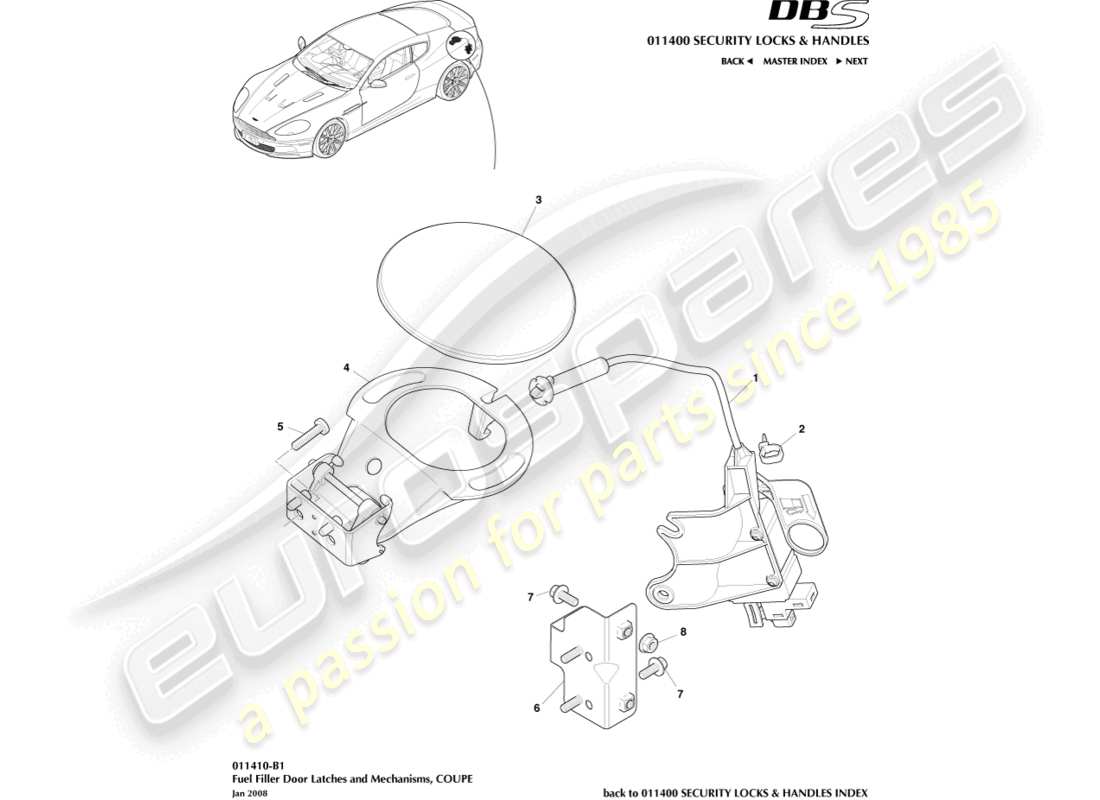 aston martin dbs (2012) kraftstoffeinfüllmechanismus, coupé-teilediagramm