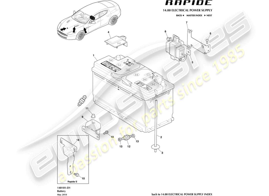 aston martin rapide (2010) batterie teilediagramm